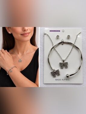 Silvertone Necklace Trio (Set of 3) CZ Necklace Earrings Bracelet BOW Charms NEW